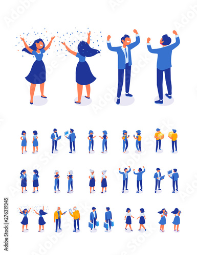 Different isometric people, men and women 3D - front and back view. Vector flat illustration isolated on white background.