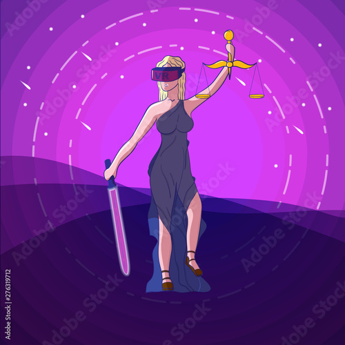justice Femida with scales, virtual reality glasses VR