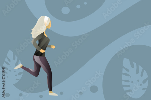 running woman on tropical background with copy space
