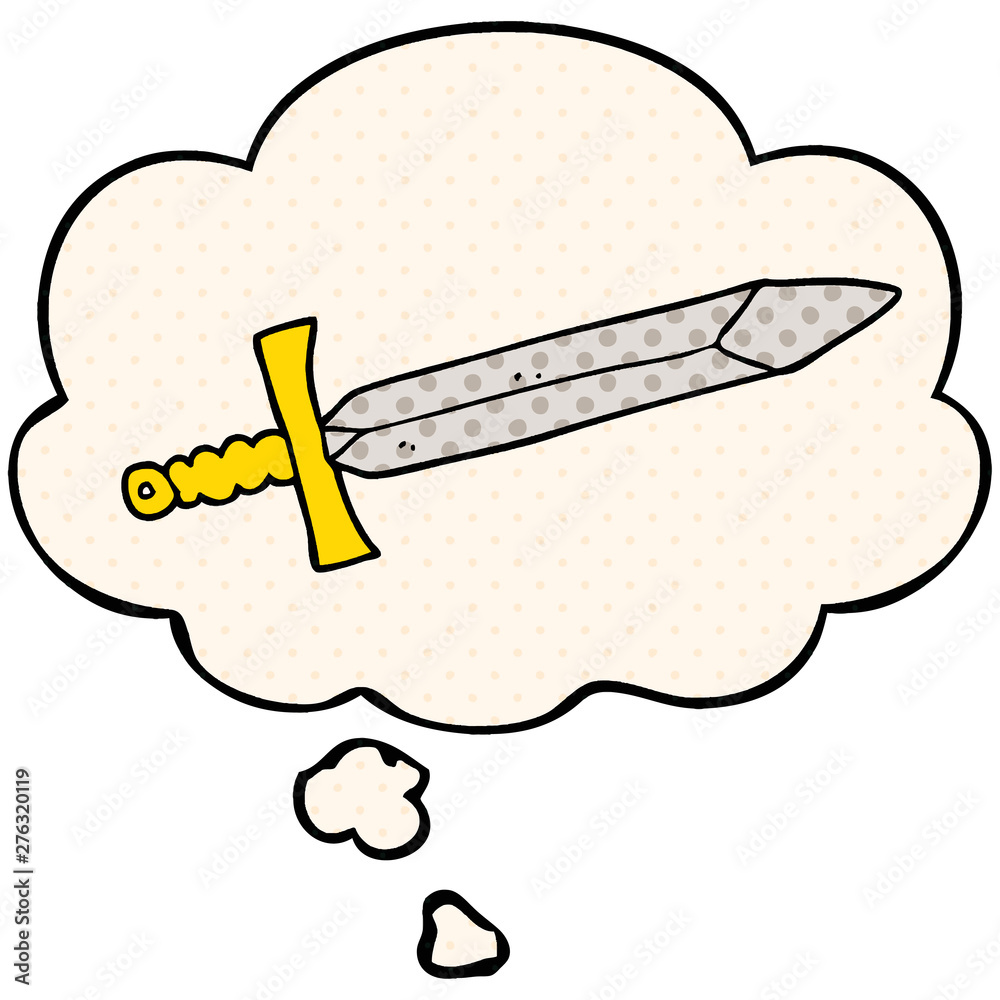 cartoon sword and thought bubble in comic book style