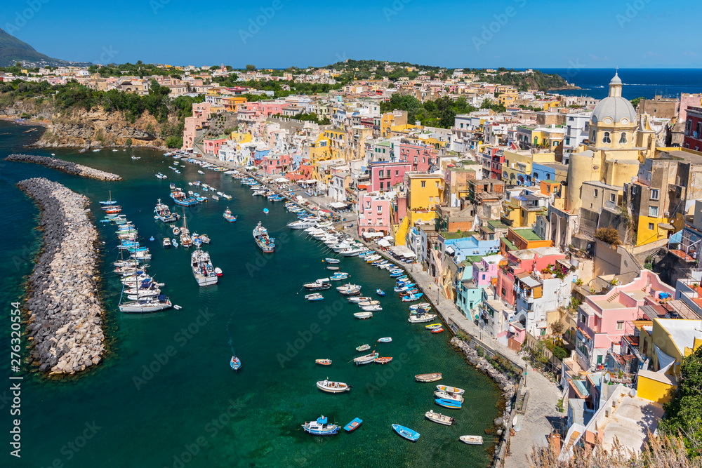 A view of the brightly coloured town of Corricella Procida, in the Bay of Naples, Italy.