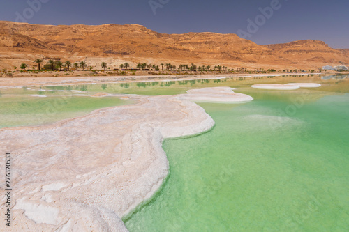 Salt formation in Ein Bokek hotel and resort district on the shore of the Dead Sea, near Neve Zohar, Israel. photo