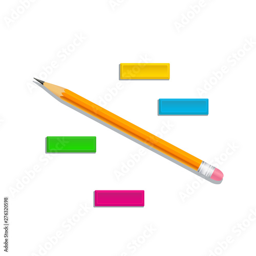 Sharpened realistic orange wooden pencil with colorful rubber erasers isolated on white background. Design element for school supplies, education, stationery, office supply