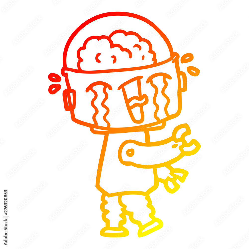 warm gradient line drawing cartoon crying robot