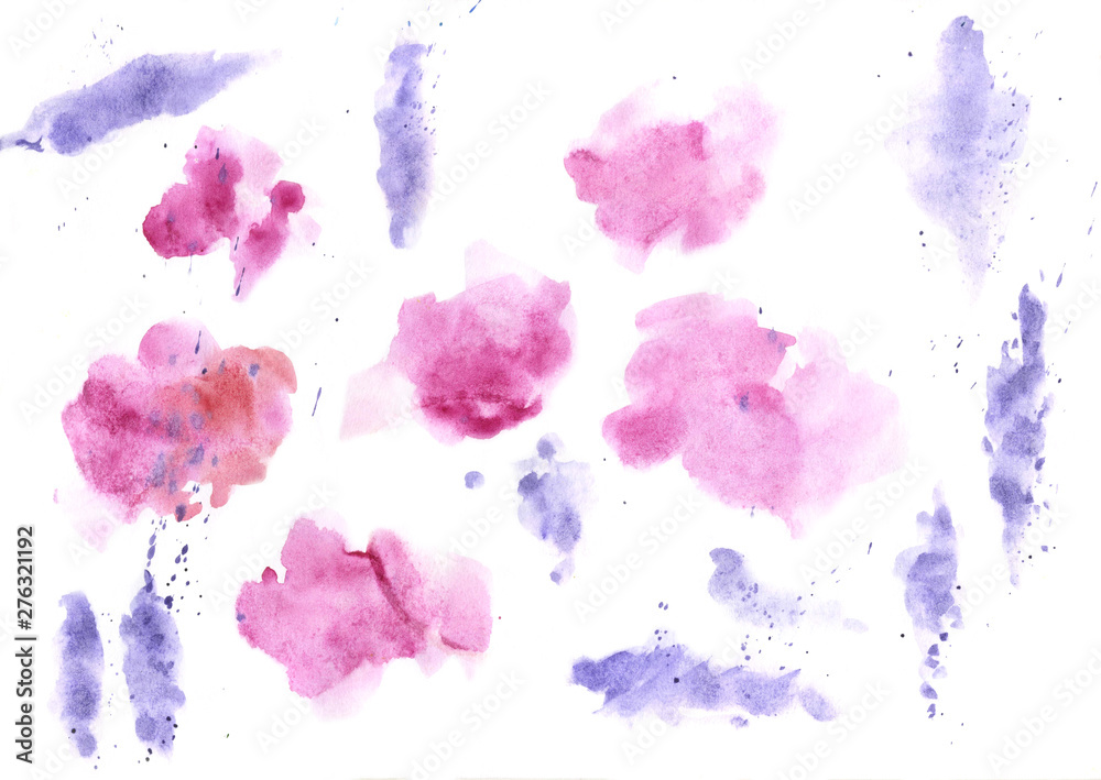 Watercolor splashes texture background. Hand drawn blue and purple blots drawing.