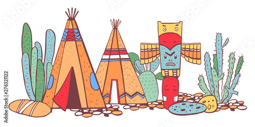 Native American indians traditional village. Two wigwams, totem pole and cactuses. Vector color hand drawn outline doodle sketch illustration