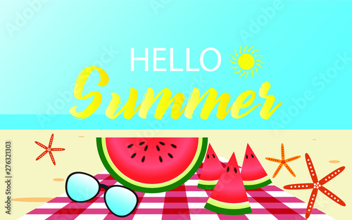 Hello Summer vector banner design with picnic cloth in beach sand, under the sun, seaside, watermelon, sunglasses, starfish beach elements in sky blue beach background.