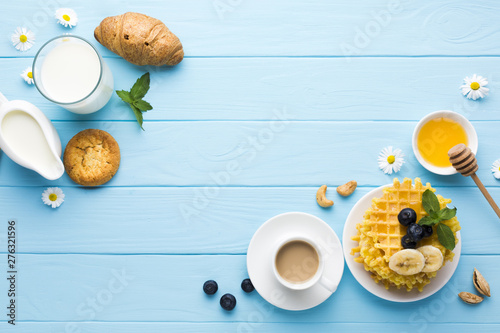 Fototapeta Flat lay breakfast table with copyspace