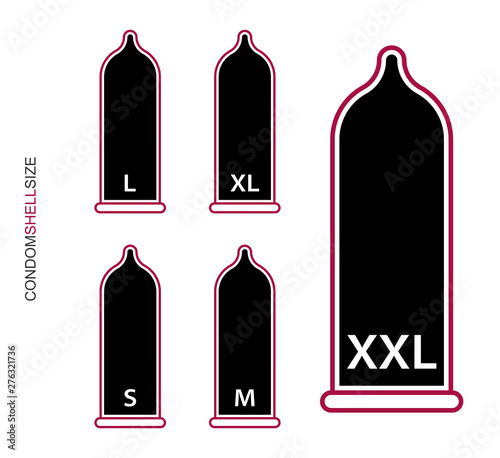Flat design. Classification of condoms by size. Condom icon with size for applications, web sites and public use. Vector illustration. Condom folded. Small, medium, large, extra large.