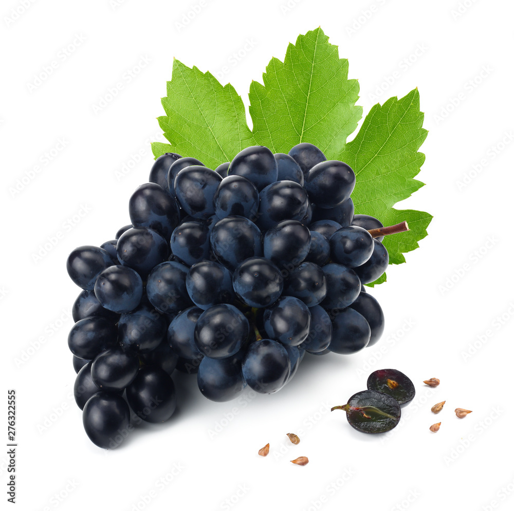 Fototapeta premium blue grapes berries with leaves isolated on white.