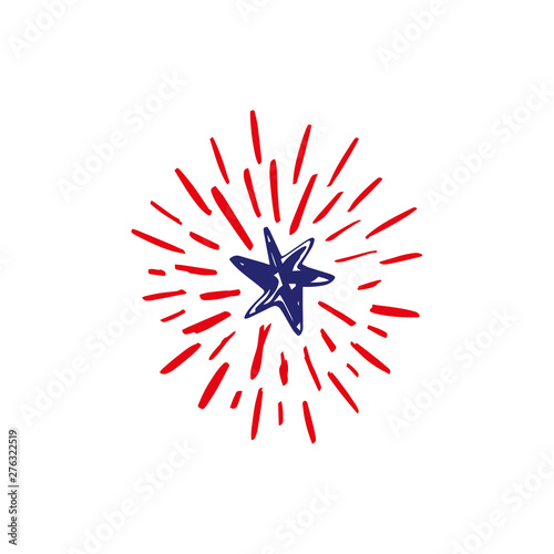 Doodle hand drawn shooting star firework, celebrate USA holiday Independence day, fourth July. American flag colors. Congrats, 4th of July. Vector.