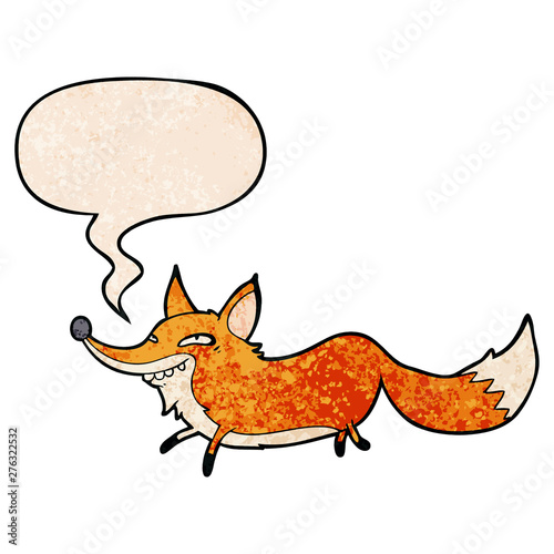 cute cartoon sly fox and speech bubble in retro texture style