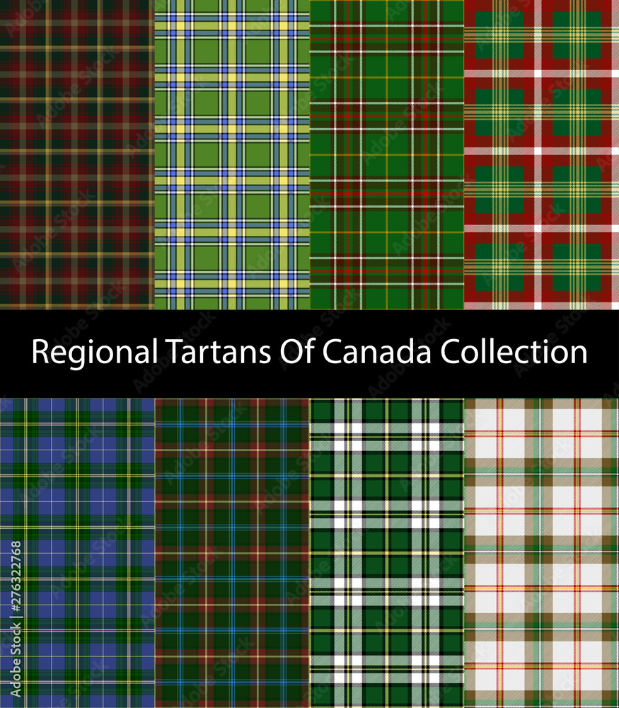 Regional tartans of Canada collection. Maple Leaf, Alberta, Newfoundland and Labrador, Northwest Territories, Nova Scotia, Manitoba, Cape Breton Island, Saskatchewan