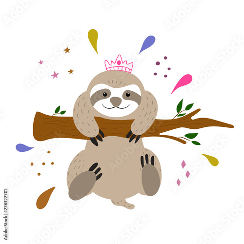 Cute cartoon sloth. Great design element for kids apparel, sticker, nursery decoration, poster. Hand drawn vector illustration.