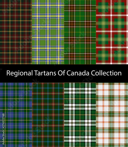 Regional tartans of Canada collection. Maple Leaf, Alberta, Newfoundland and Labrador, Northwest Territories, Nova Scotia, Manitoba, Cape Breton Island, Saskatchewan