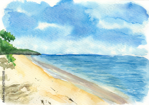 Canvas Print Watercolor seashore with hills and trees