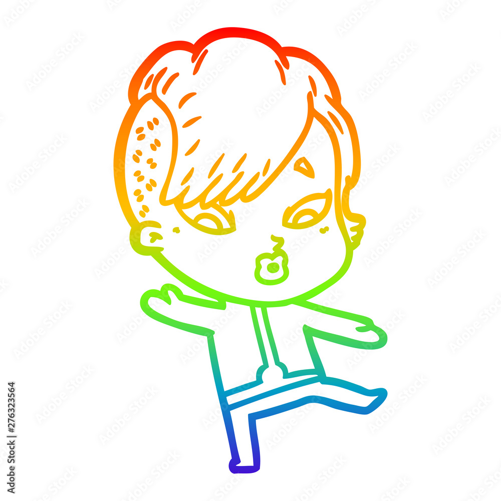 rainbow gradient line drawing cartoon surprised girl in science fiction clothes