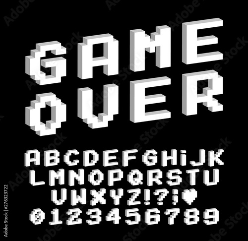Set of vector letters in retro style. Game design. Font of old games. 8 bit letters and numbers vector alphabet.