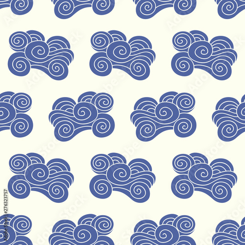 Vector Japanese, Chinese blue ocean waves, clouds seamless pattern