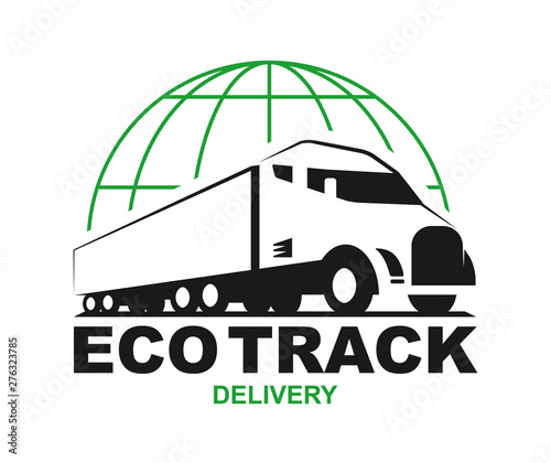 Vector eco truck logo. Emblem, banner, logotype of the logistics center, eco delivery, freight, heavy cargo. Black and white color. Monochrome style.