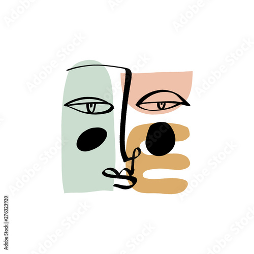 Hand drawing face line art in cubism style. Color print for clothes, textile and other. Vector.