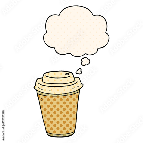 cartoon takeout coffee cup and thought bubble in comic book style