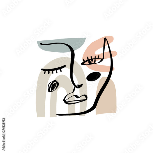 Hand drawing face line art in cubism style. Color print for clothes, textile and other. Vector.