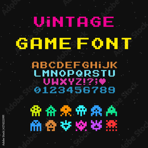 Set of vector letters in retro style. Game design. Font of old games. 8 bit letters and numbers vector alphabet.