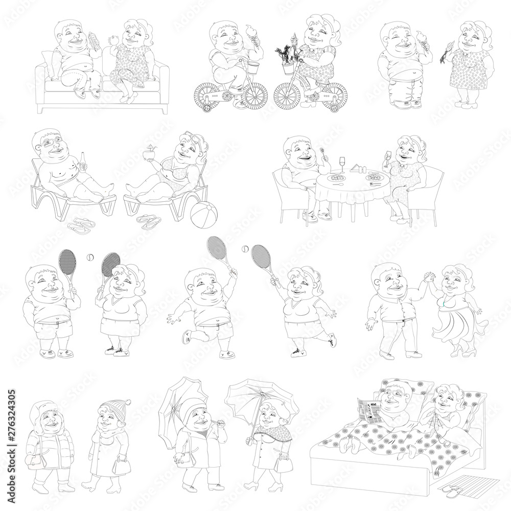 Set of contour monochrome images thick man and woman in different life situations