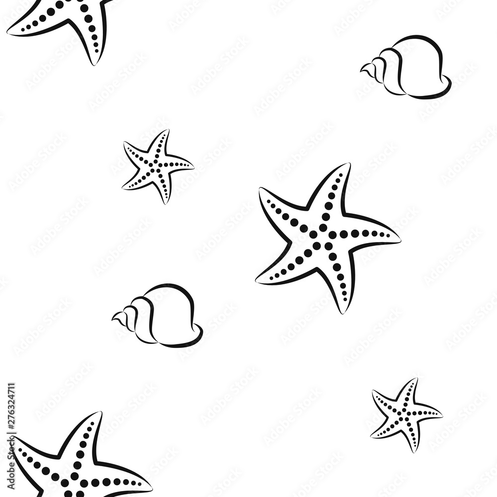 Starfish and shell. Pattern. Seamless vector illustration. Art Line. Flat.
