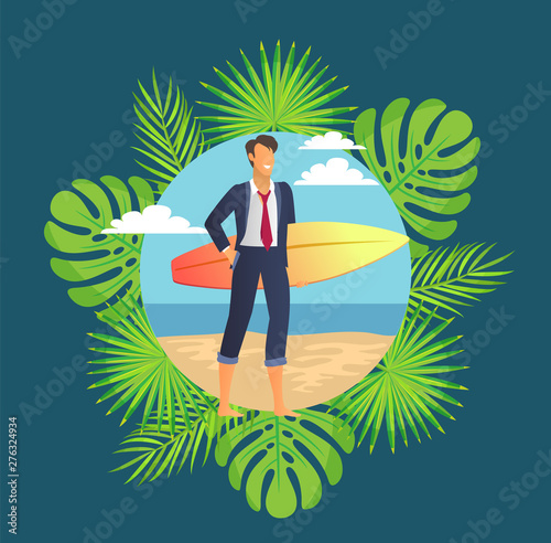 Smiling worker holding surfboard on beach, freelancer or businessman framed by fern leaves. Round boarder with male in suit standing on sand vector
