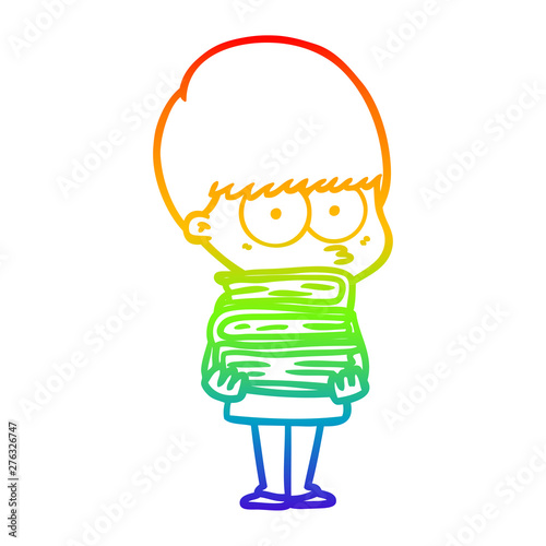 rainbow gradient line drawing nervous cartoon boy carrying books