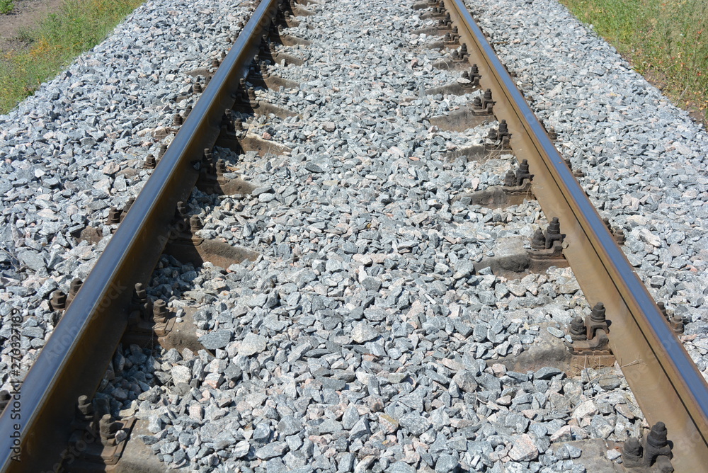 Repaired railroad tracks for freight trains with updated gray stone. Repaired railroad tracks for freight trains with updated gray stone.