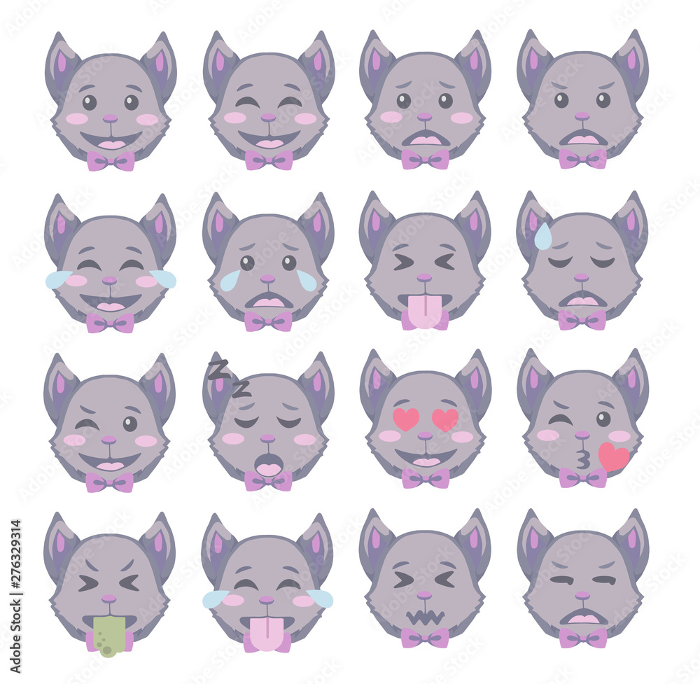 Cute cartoon style Halloween Bat faces with different expression emoticon icon vectors set