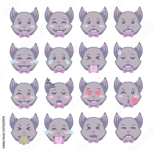 Fototapeta Naklejka Na Ścianę i Meble -  Cute cartoon style Halloween Bat faces with different expression emoticon icon vectors set