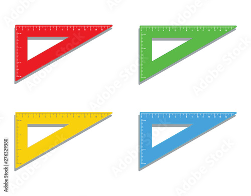 Set of realistic plastic colorful triangle rulers marked in inch and centimeters icon. School supplies. Drafting math measure tool. Office supply