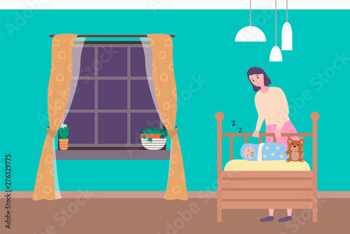 Mother standing near wooden baby bed with sleeping newborn and teddy toy. Bedroom with big window and blue wall, mom caring, portrait view of family vector