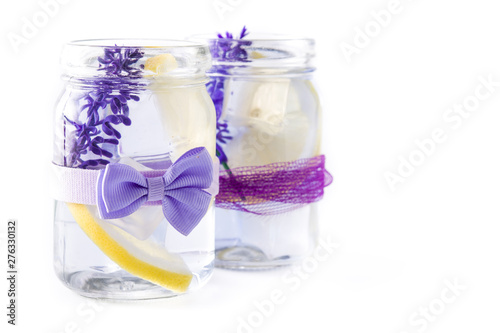 Lavender lemonade drink isolated on white background. Copyspace
