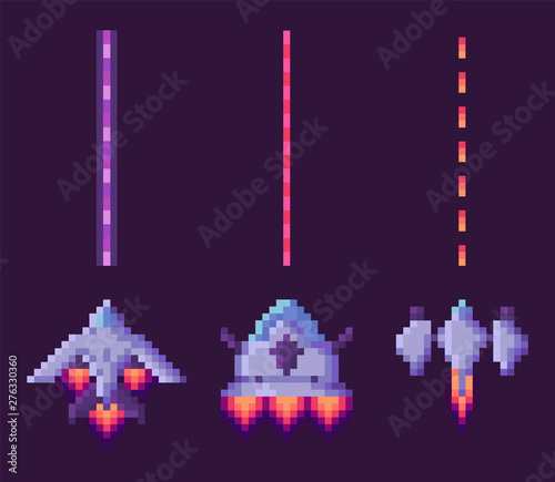 Spaceship shooting, explosion of object, invaders and cosmic sign on purple, video and pixel game, rocket war, dotted line and bang from vehicle vector