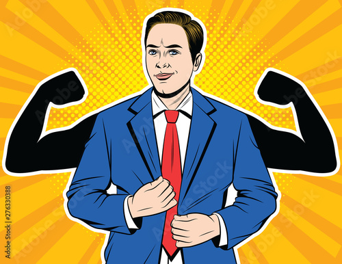 Vector illustration of a colorful pop art style of a young man in a business suit with biceps. Handsome businessman of athletic build. Poster of office worker with pumped up hands behind