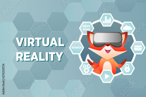 Fox wearing virtual reality headset and entering online account for data management. Cyber background, Vector illustration.