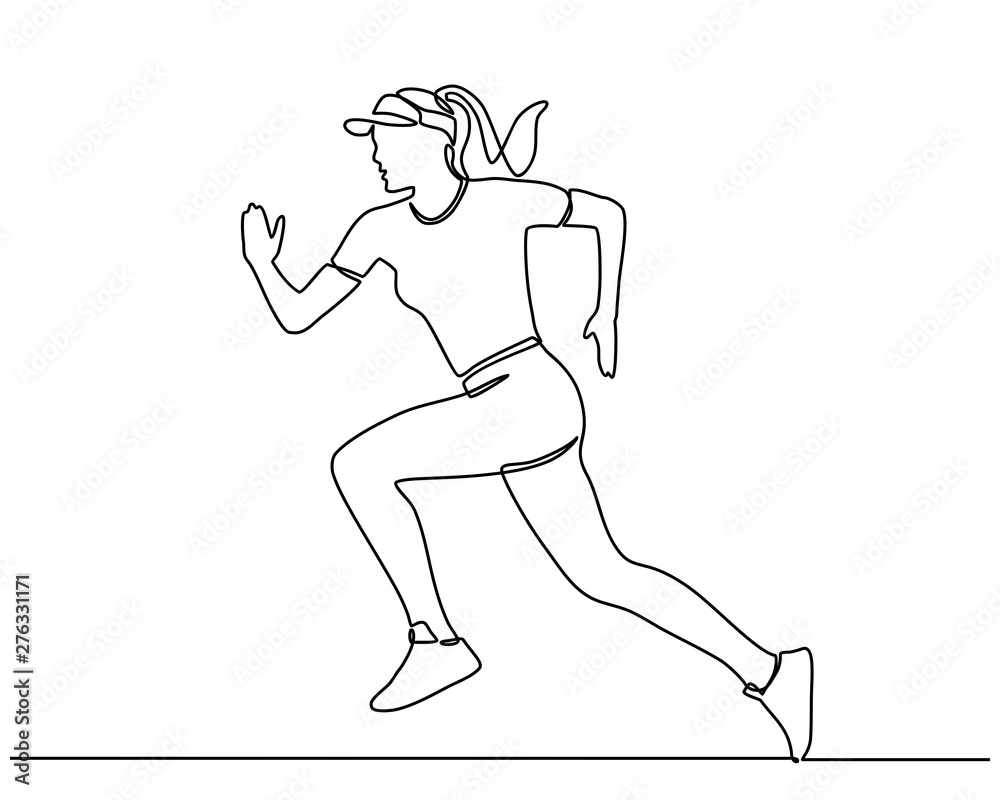 Continuous line drawing of woman running. Art concept of a running man ...