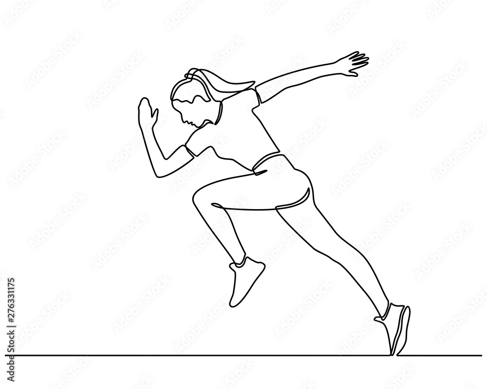 Continuous line drawing of woman running. Art concept of a running man. Dynamic movement. Side view. Minimal cover design. Vector template brochures, flyers, presentations, logo, print, banners Continuous line drawing of woman running. Art concept of a running man. Dynamic movement. Side view. Minimal cover design. Vector template brochures, flyers, presentations, logo, print, banners
