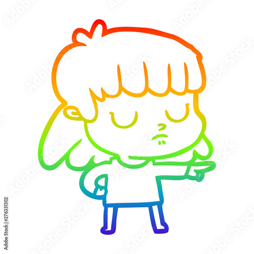 rainbow gradient line drawing cartoon indifferent woman;pointing