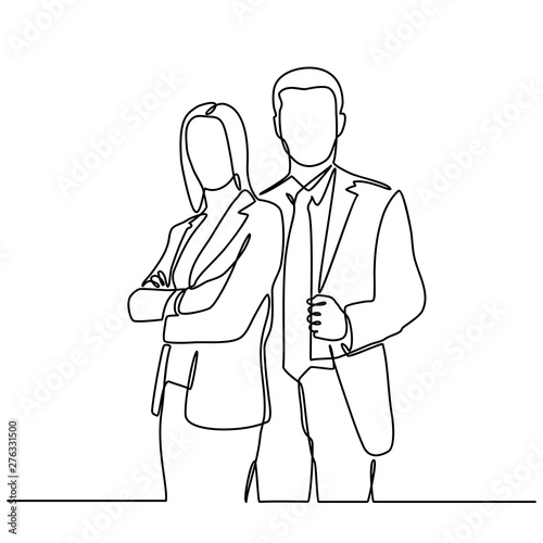 Continuous line drawing of businessman and businesswoman standing. business partners discussing documents and ideas at meeting. vector illustration isolated on white background.