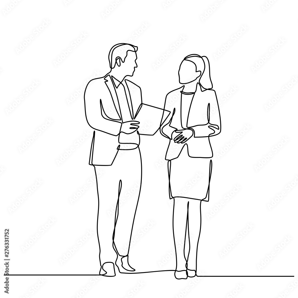 Continuous line drawing of businessman and businesswoman standing. business partners discussing documents and ideas at meeting. vector illustration isolated on white background. Continuous line drawing of businessman and businesswoman standing. business partners discussing documents and ideas at meeting. vector illustration isolated on white background.