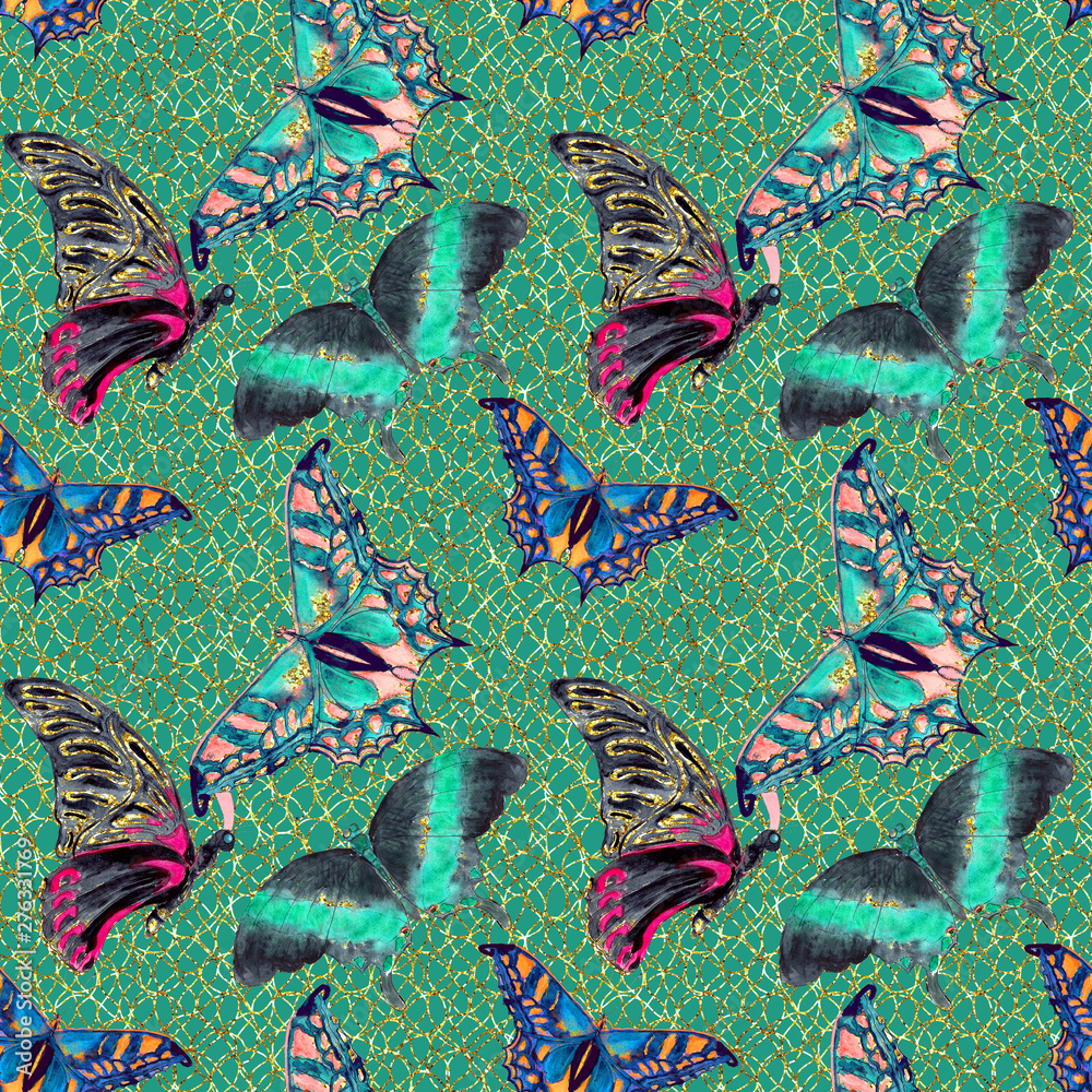 Obraz premium Hawaiian Tropical jungle colorful watercolor hand drawn butterflies seamless pattern 