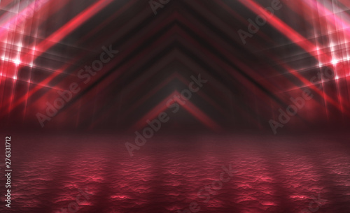 Empty background scene. Dark reflection of the street on the wet asphalt. Rays of red neon light in the dark, neon figures, smoke. Background of empty stage show. Abstract dark background.