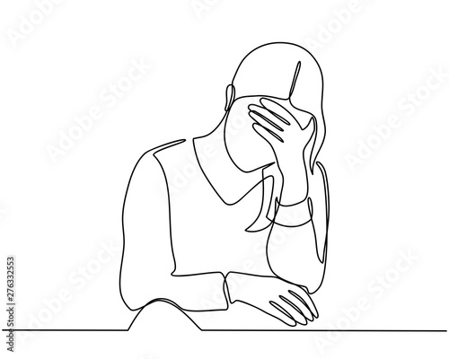 Continuous line drawings of young woman feeling sad, tired and worried about suffering from depression in mental health. problems, failures and concepts of heartbreak isolated on white background