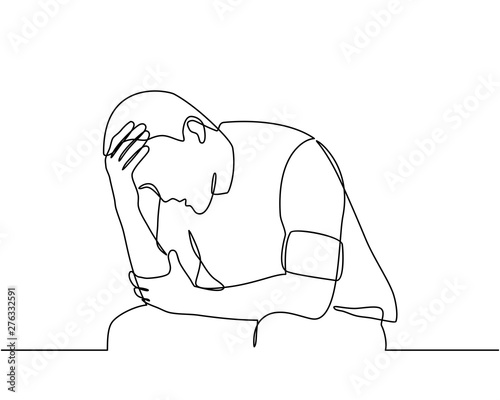 Continuous line drawings of man feeling sad, tired and worried about suffering from depression in mental health. problems, failures and concepts of heartbreak isolated on white background